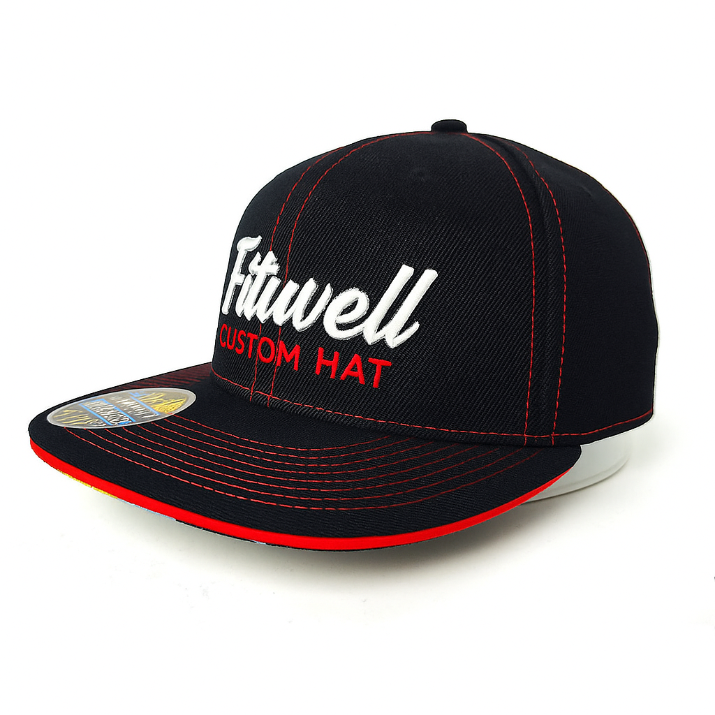 Fitwell Custom Red Stitch Flat Brim Cap with Embroidered Logo