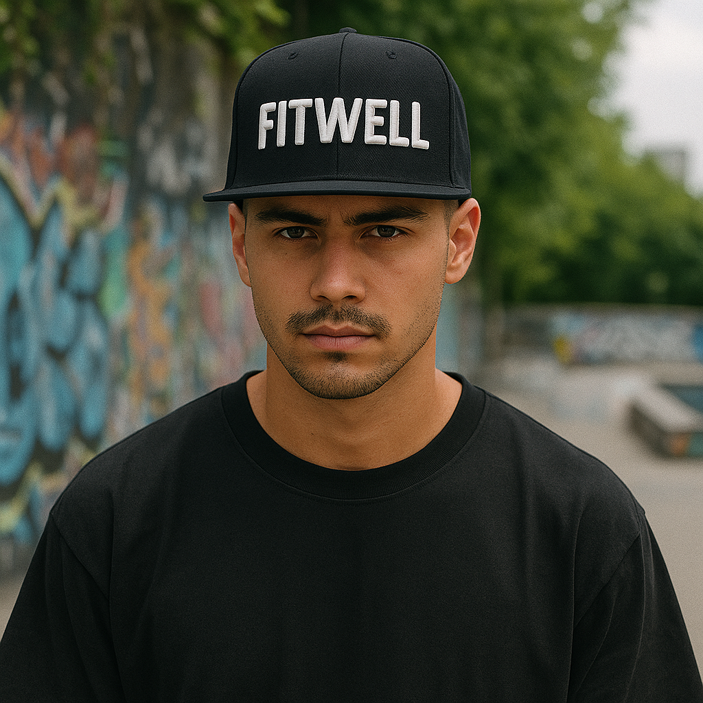 FITWELL Logo Black Flat Brim Snapback – Minimalist 3D Embroidered Cap