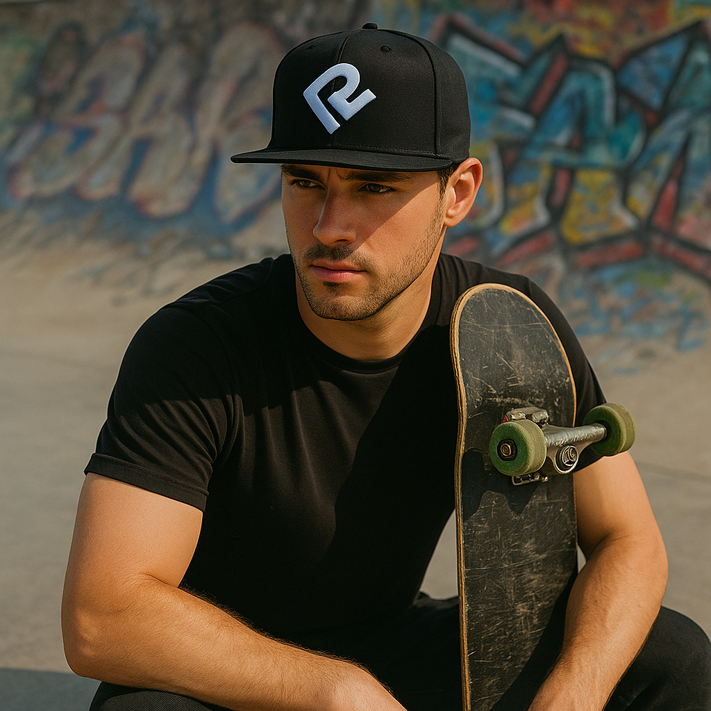 Black Flat Brim Snapback Hat with Raised 'R' 3D Embroidery