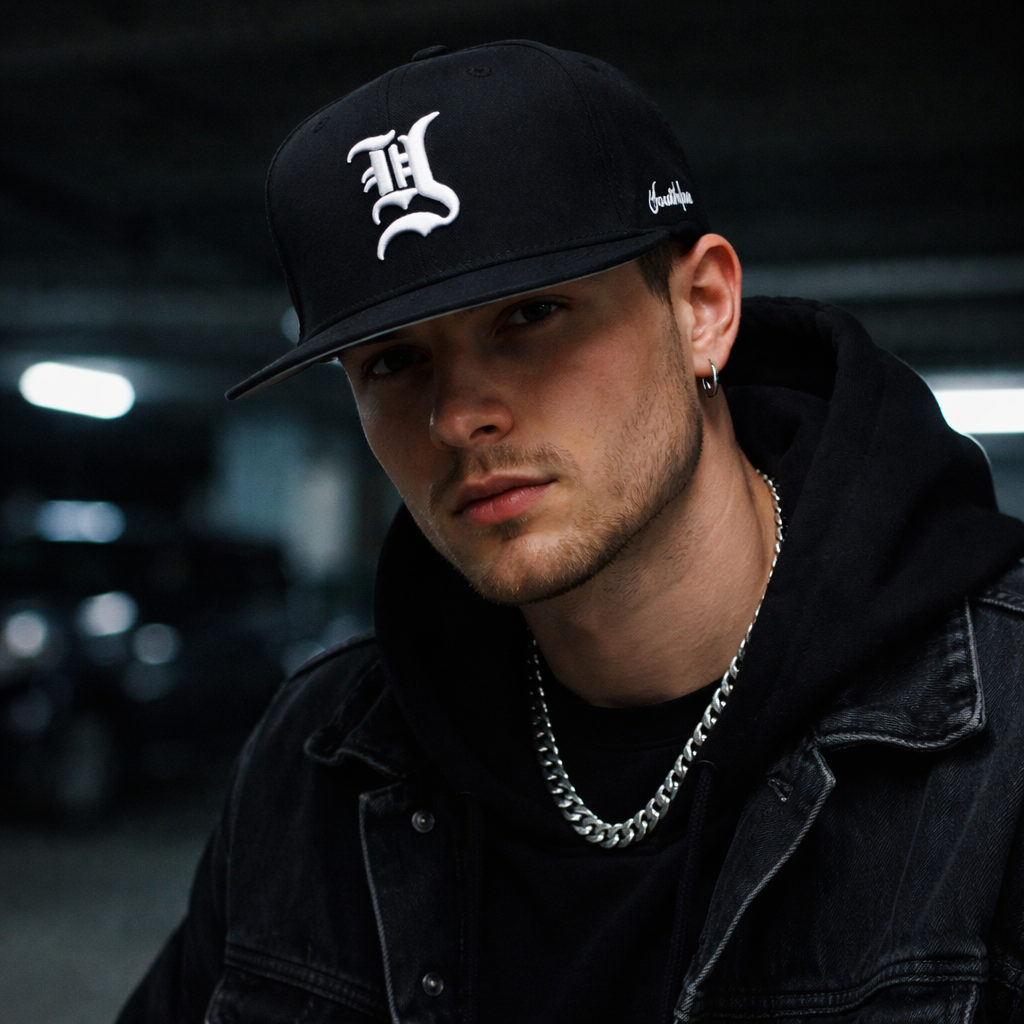 Black Flat Brim Snapback Cap with Gothic Letter Embroidery Street Style Hat