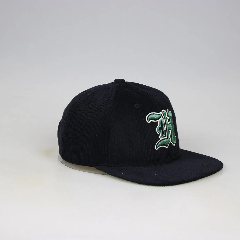 Corduroy Snapback Hat with Green Embroidered Letter