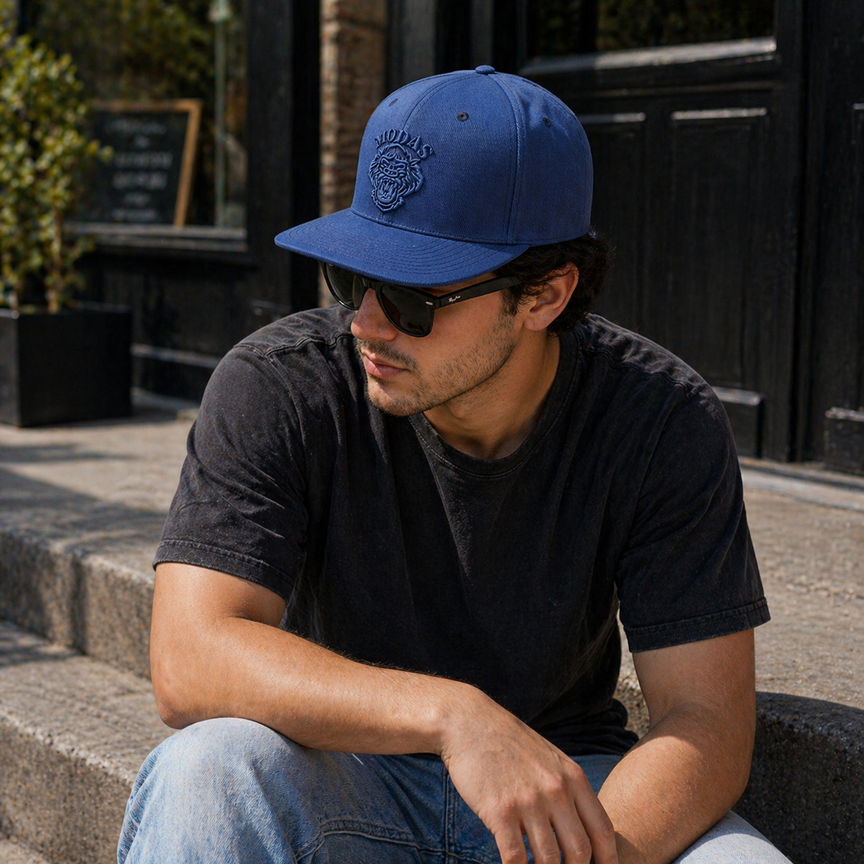 Blue 6 Panel Snapback Cap with 3D Embroidered Lion Head Logo