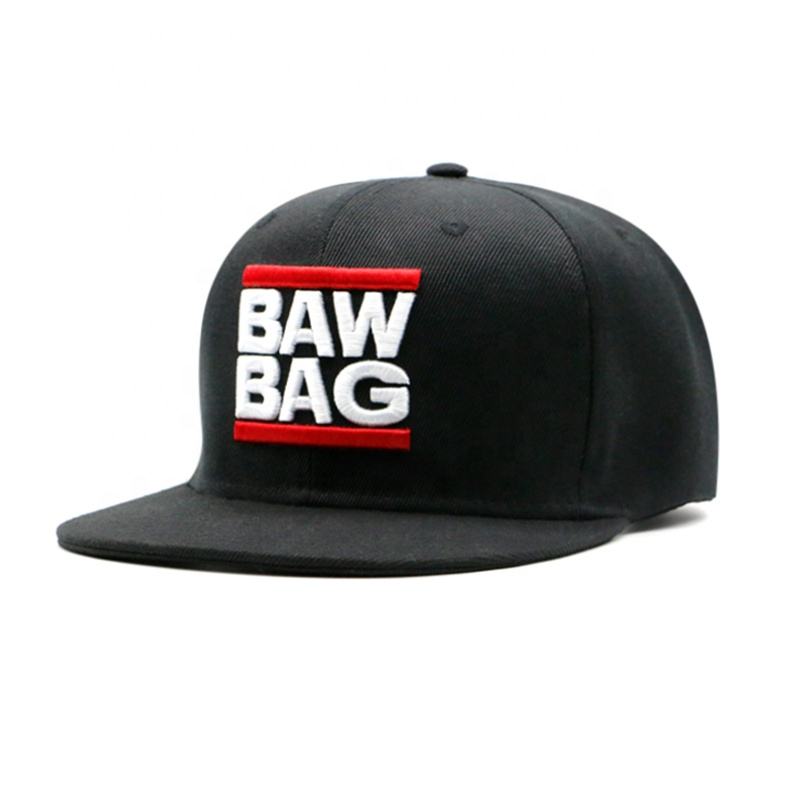 BAW BAG Black Flat Brim 3D Embroidered Snapback Cap