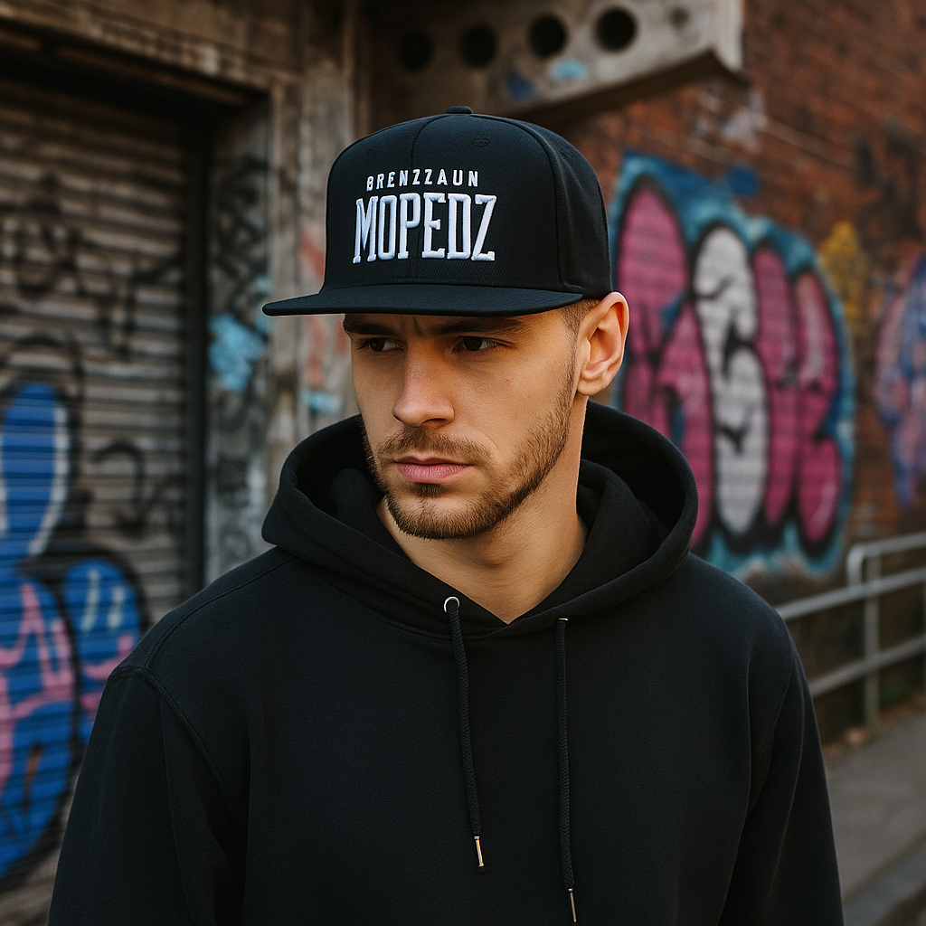Black Flat Brim Snapback Cap with 3D Embroidered “MOPEDZ” Logo – Streetwear 6 Panel Hat
