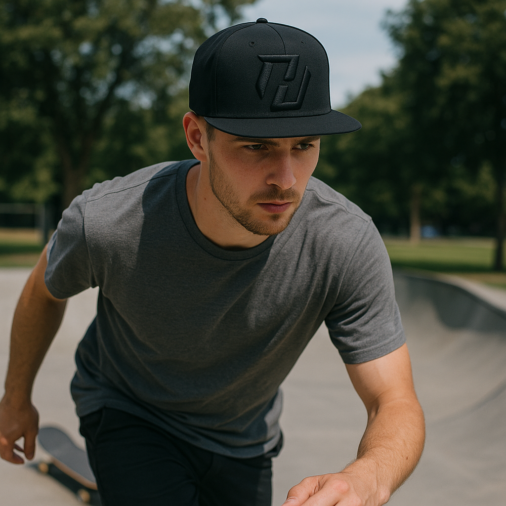 Premium All-Black Flat Brim Snapback Hat with Bold 3D Logo Embroidery