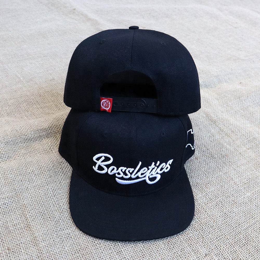 Black 6-Panel Snapback Cap with Raised Script Logo Embroidery