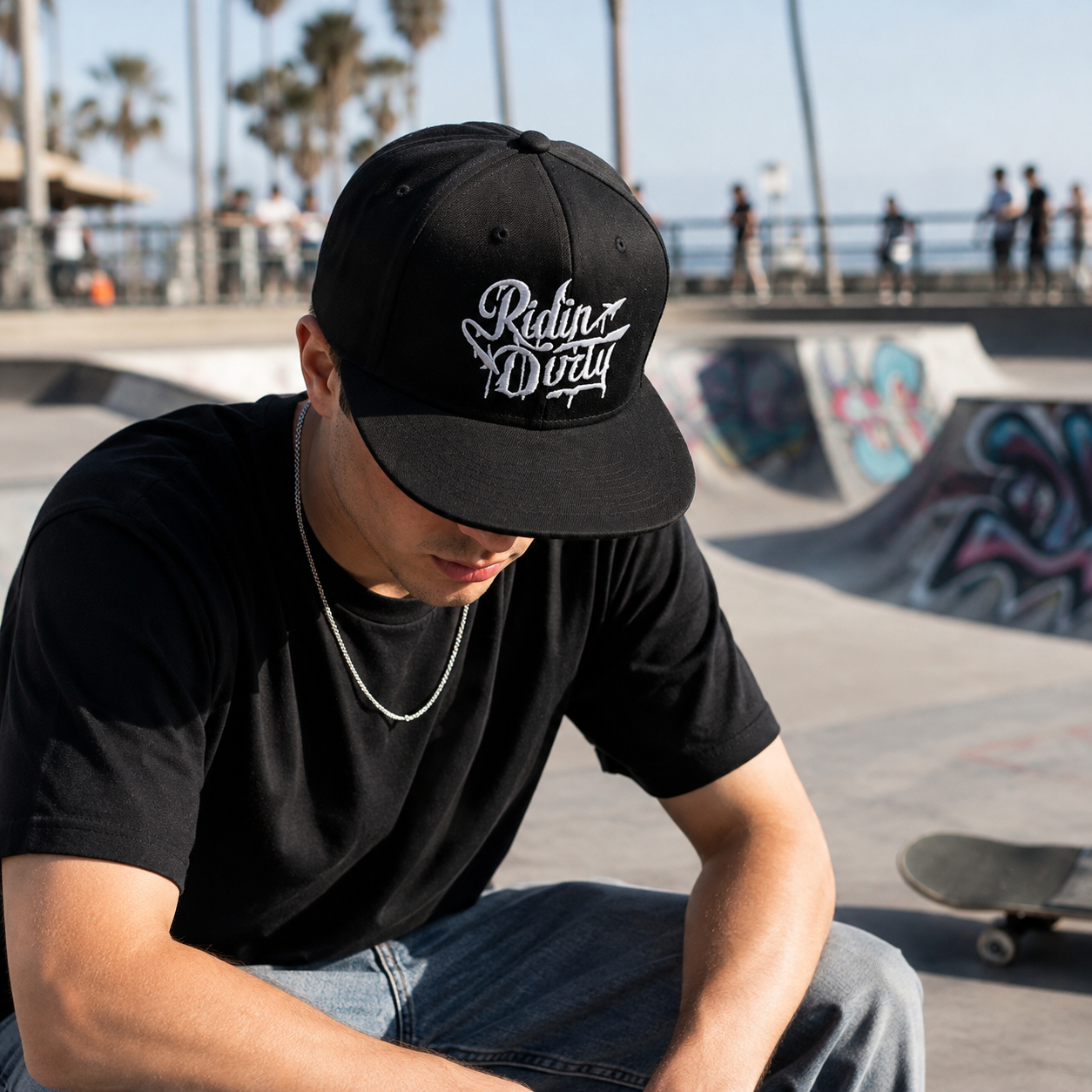 Black 6-Panel Flat Brim Snapback with 3D Embroidery