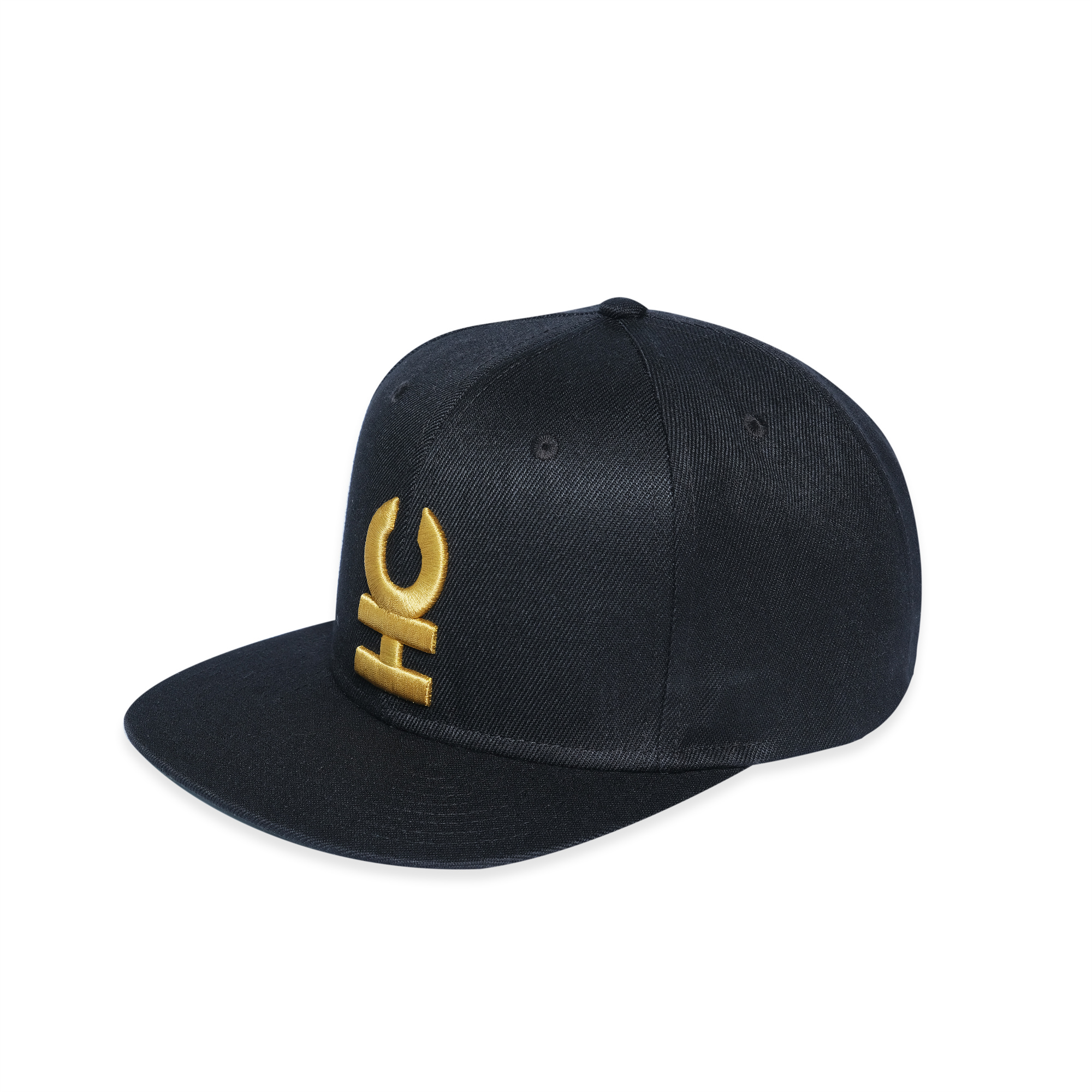 Black 6-Panel Snapback Hat with Bold Gold 3D Embroidery