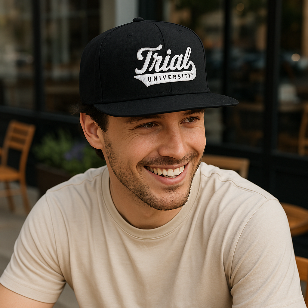 Black Snapback Hat with Trial University 3D Embroidery – Flat Brim Cap