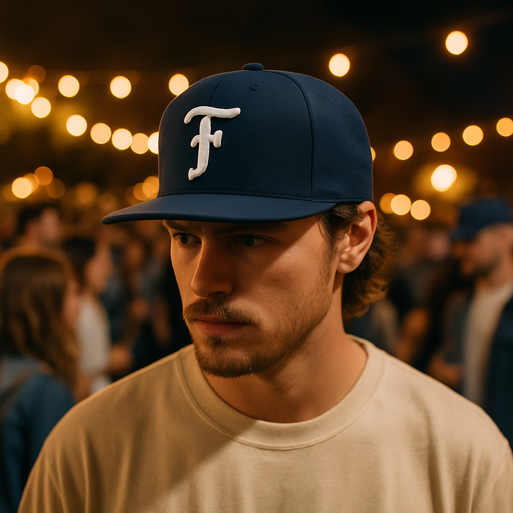 Navy Blue Letter Logo Snapback Cap – 3D Embroidered Flat Brim Hat