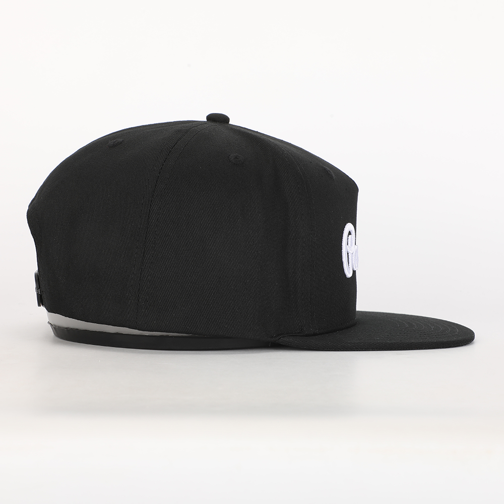 Black Flat Brim Snapback Cap with Embroidered Script Logo