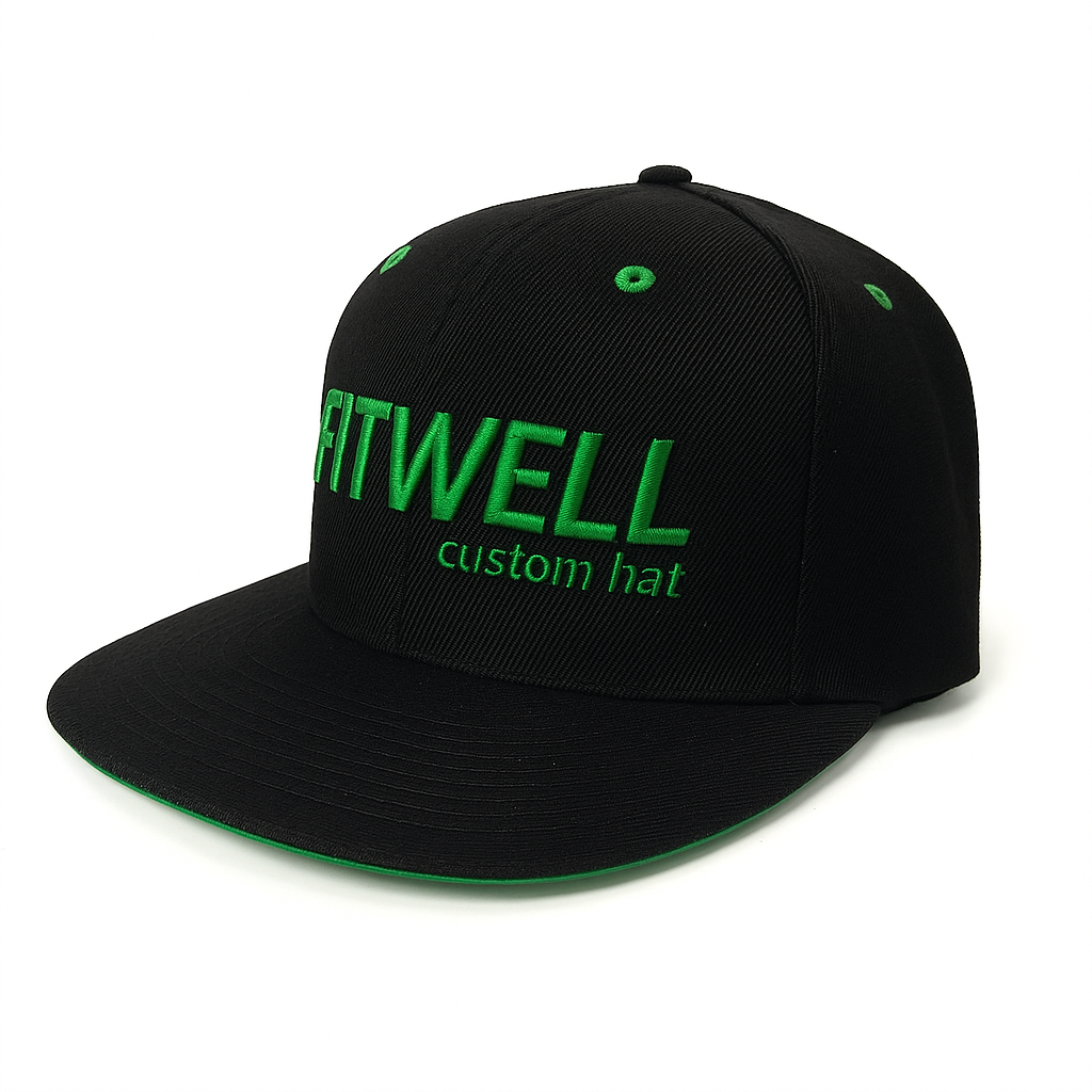 FITWELL Logo Embroidered Black Flat Brim Hat – Custom Green Detail Cap