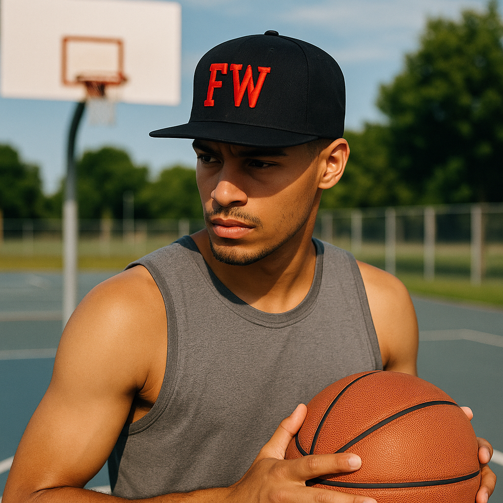 FW Letter Logo Snapback Hat – 3D Embroidered 6-Panel Black Cap