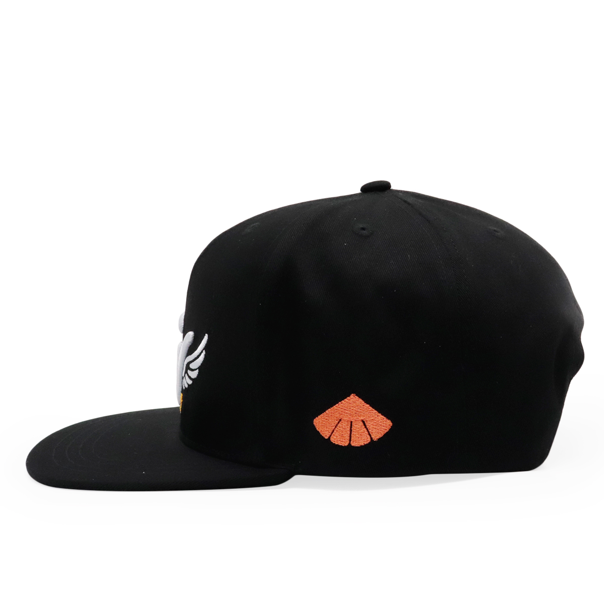Black Six-Panel Flat Brim Snapback with Winged Monogram Embroidery