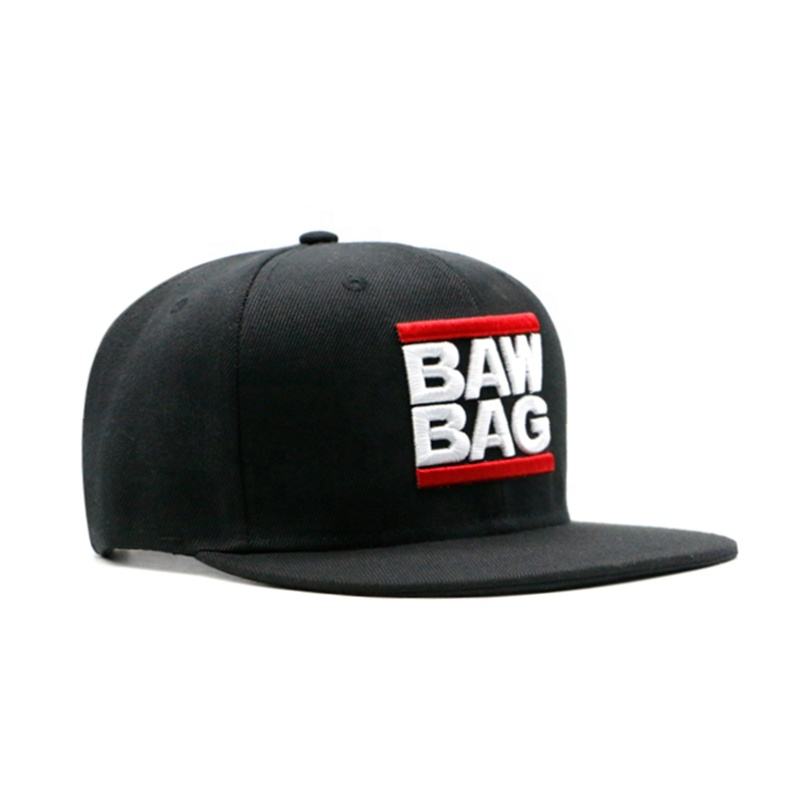 BAW BAG Black Flat Brim 3D Embroidered Snapback Cap