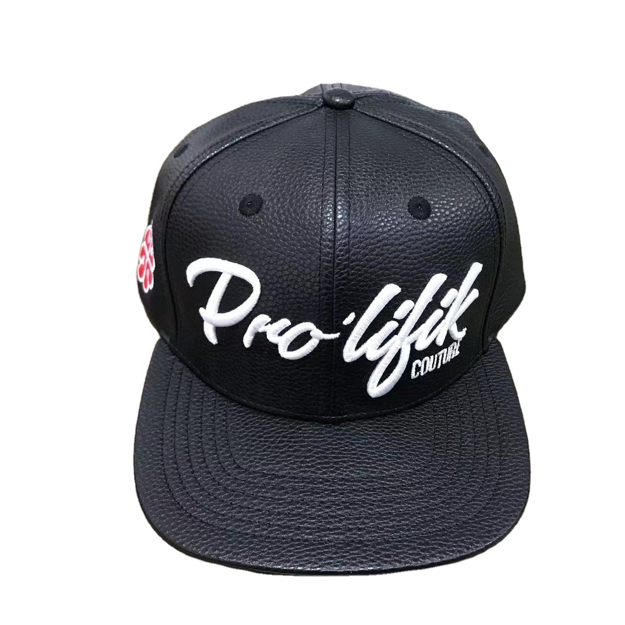 Black Faux Leather Snapback Hat with 3D Pro·lifik Embroidery