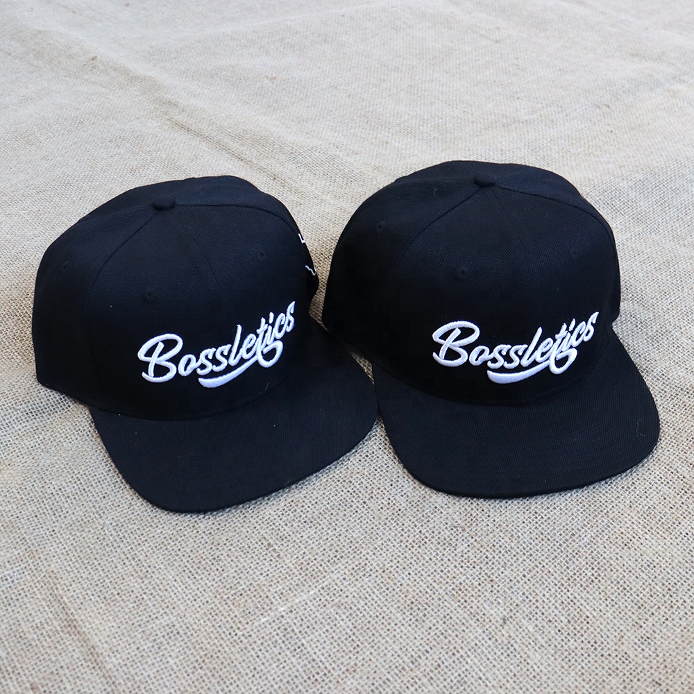 Black 6-Panel Snapback Cap with Raised Script Logo Embroidery