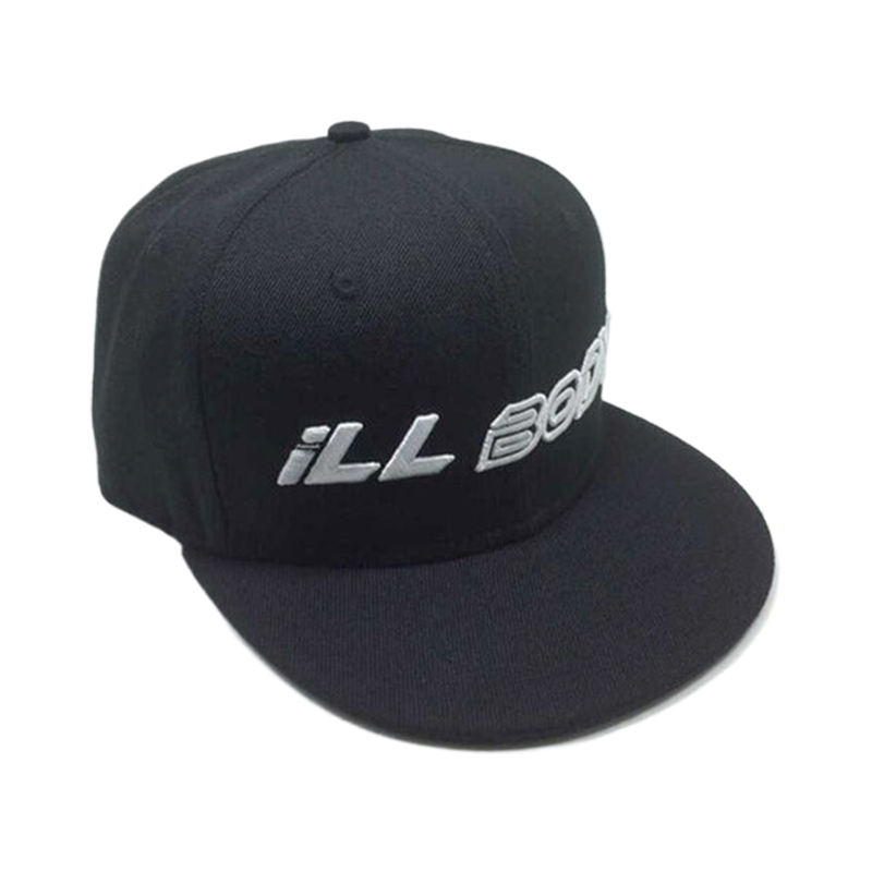 Black Flat Brim 6-Panel Snapback Cap with Raised Logo Embroidery