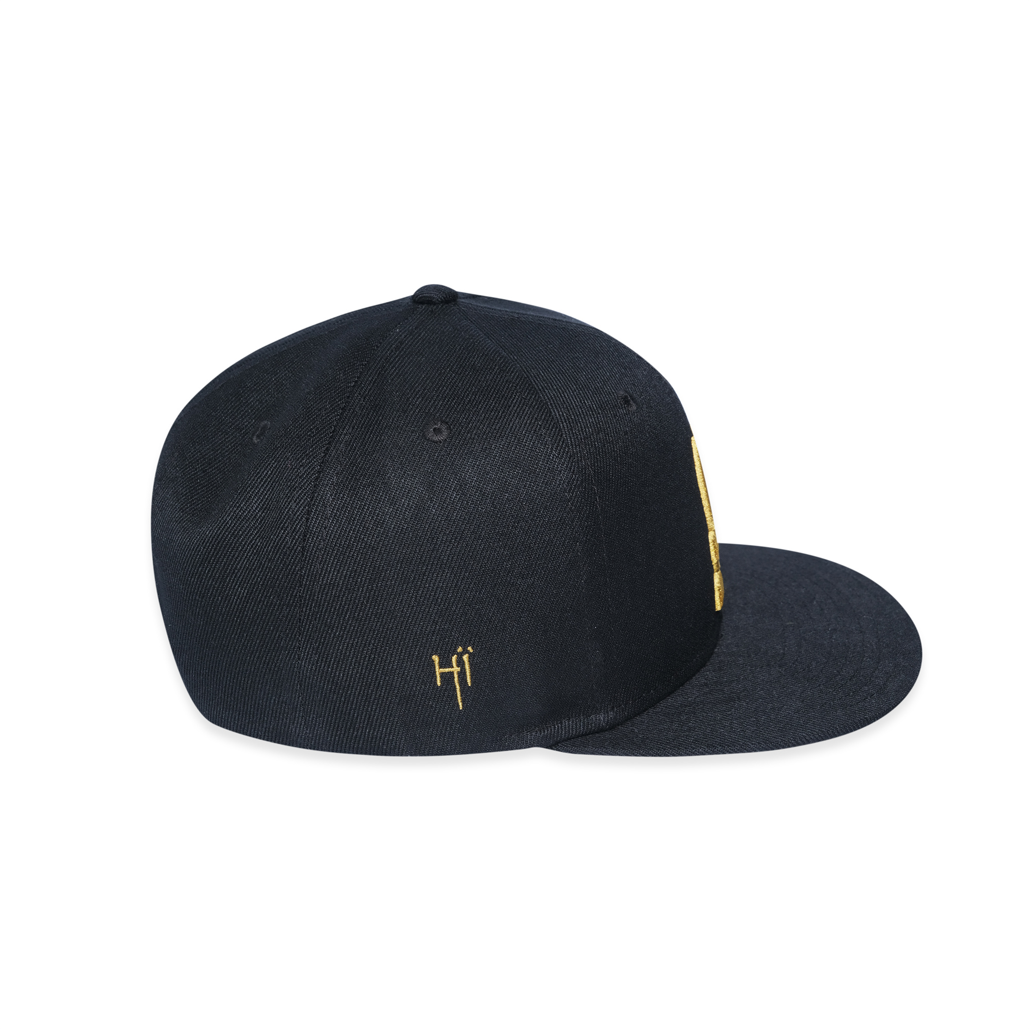 Black 6-Panel Snapback Hat with Bold Gold 3D Embroidery
