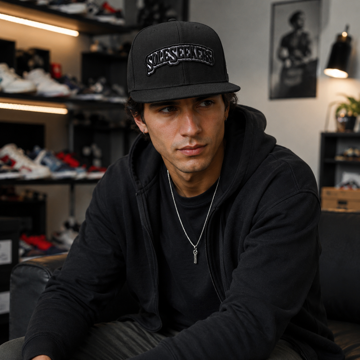 Black 6-Panel Snapback Hat with Raised Sole Seekers Embroidery