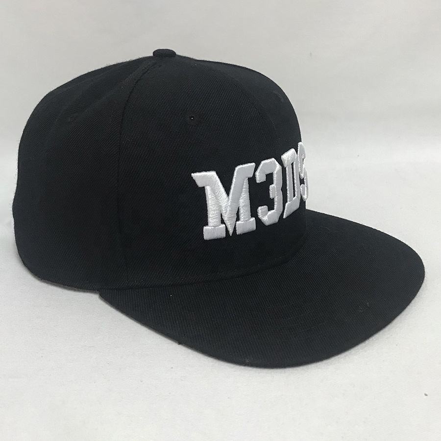 M3DS Embroidered Flat Brim Snapback Hat – Black 6-Panel Adjustable Cap