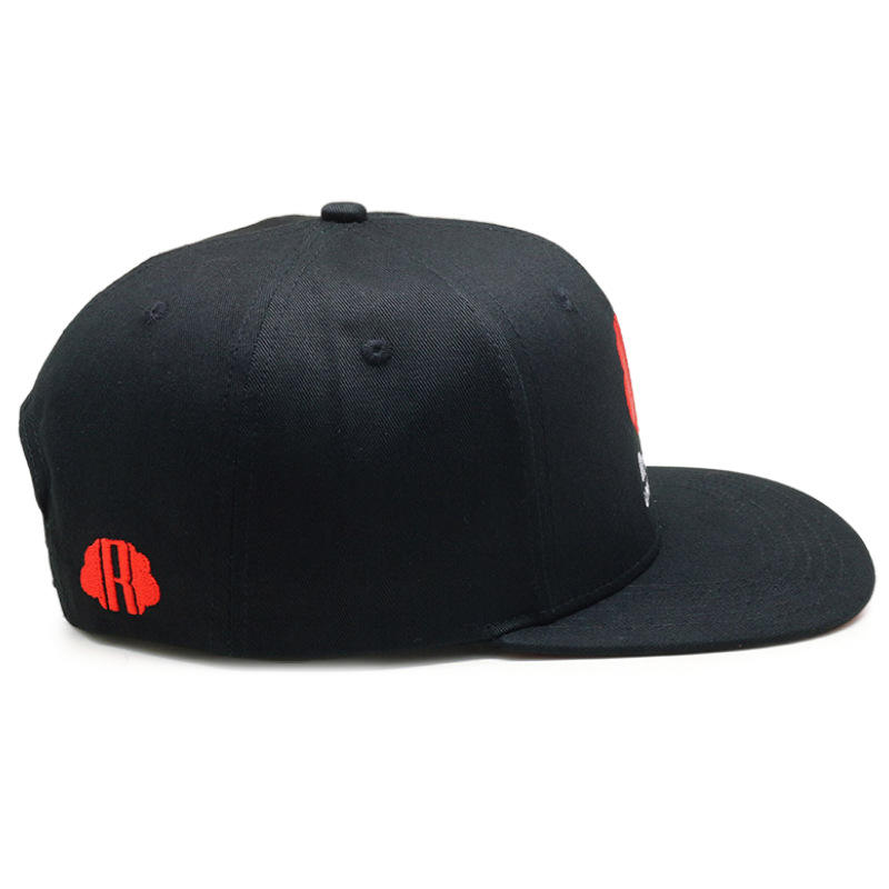 Black Six-Panel Flat Brim Snapback Cap with Redcloud Embroidery