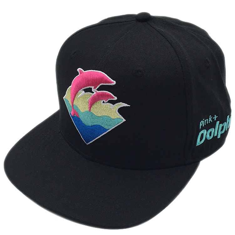 Black Flat Brim Snapback Hat with Pink Dolphin 3D Embroidery