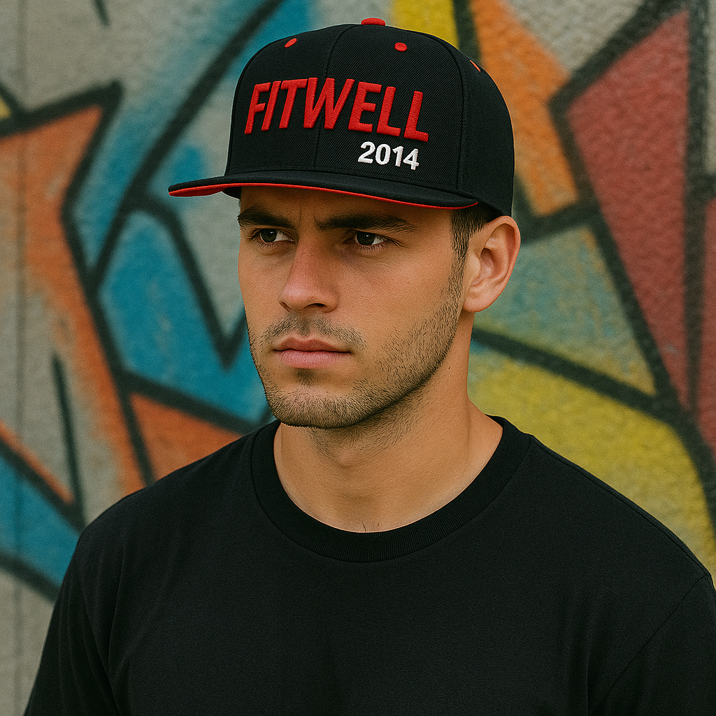 Fitwell 2014 Embroidered Snapback Hat - Red and Black Flat Brim