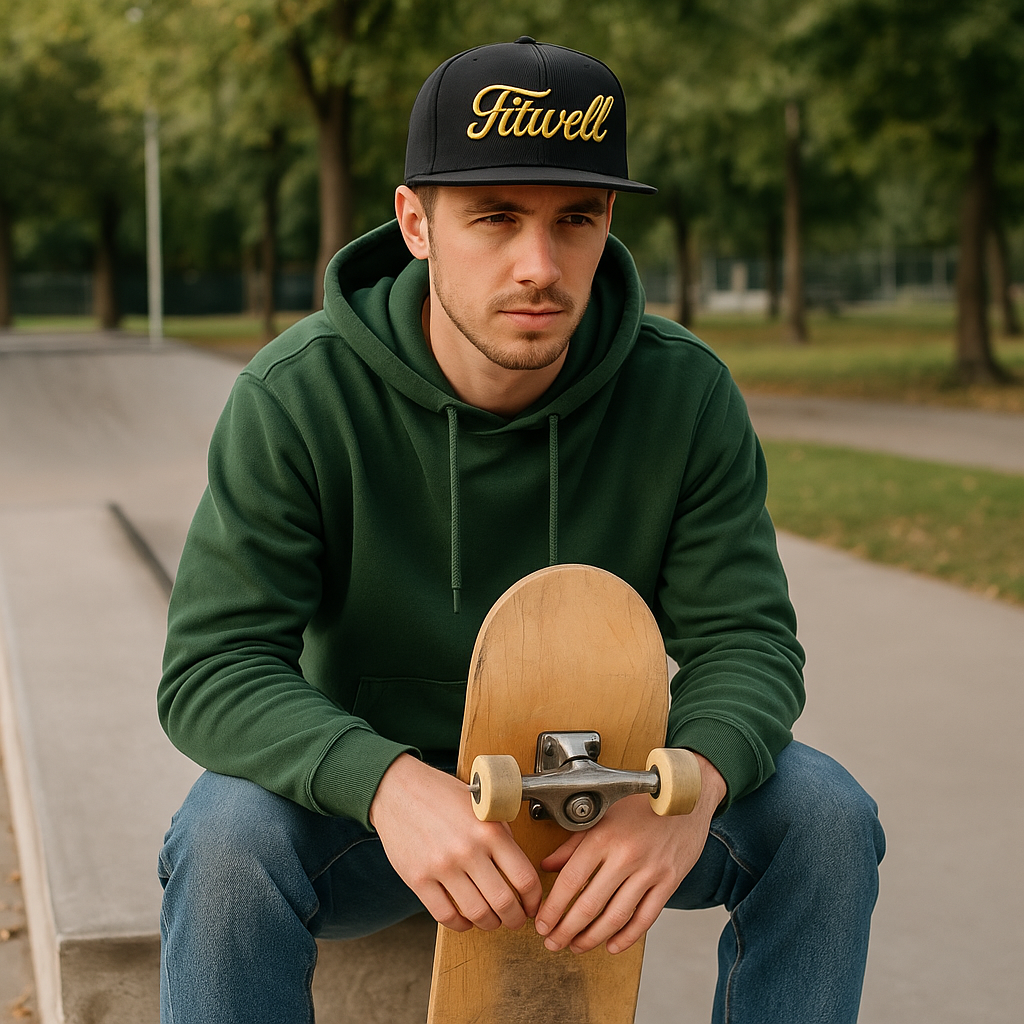 Fitwell Script Gold 3D Embroidery Snapback Hat – Black 6-Panel Cap