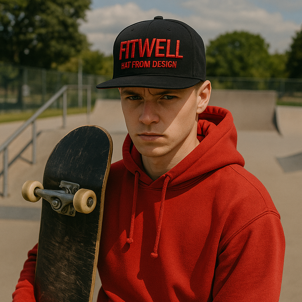 Red Text Custom Flat Brim Logo Hat
