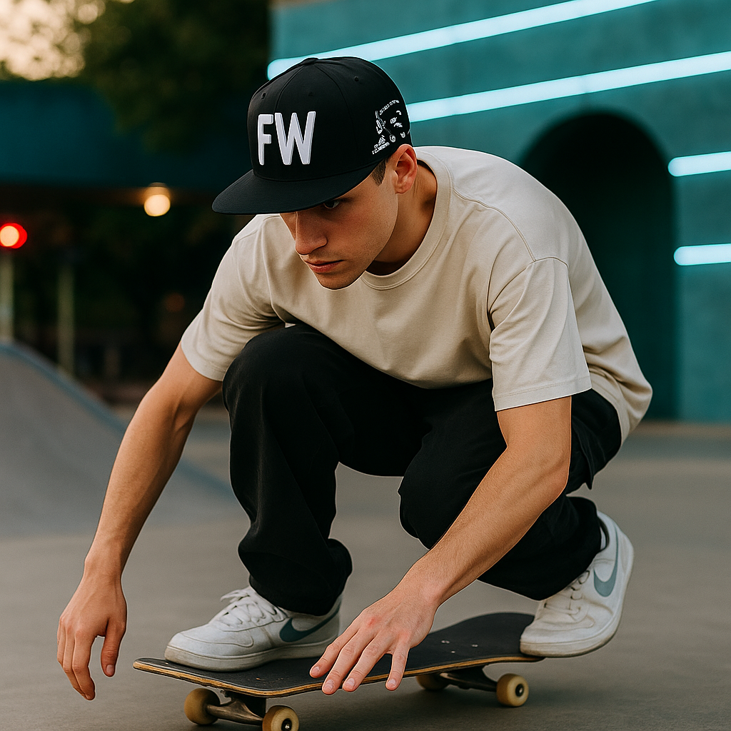 Black FW Embroidered 6‑Panel Snapback Hat