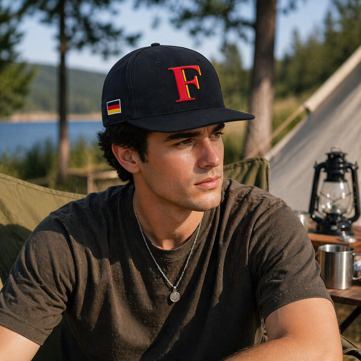 Black Flat Brim Snapback Cap with Bold Letter D 3D Embroidery Logo