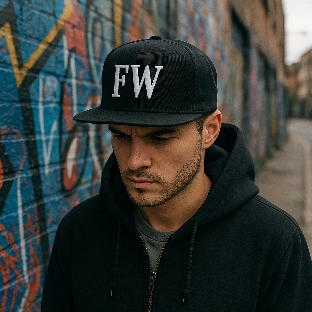 FW Letter Logo Snapback Hat – 3D Embroidered 6-Panel Black Cap