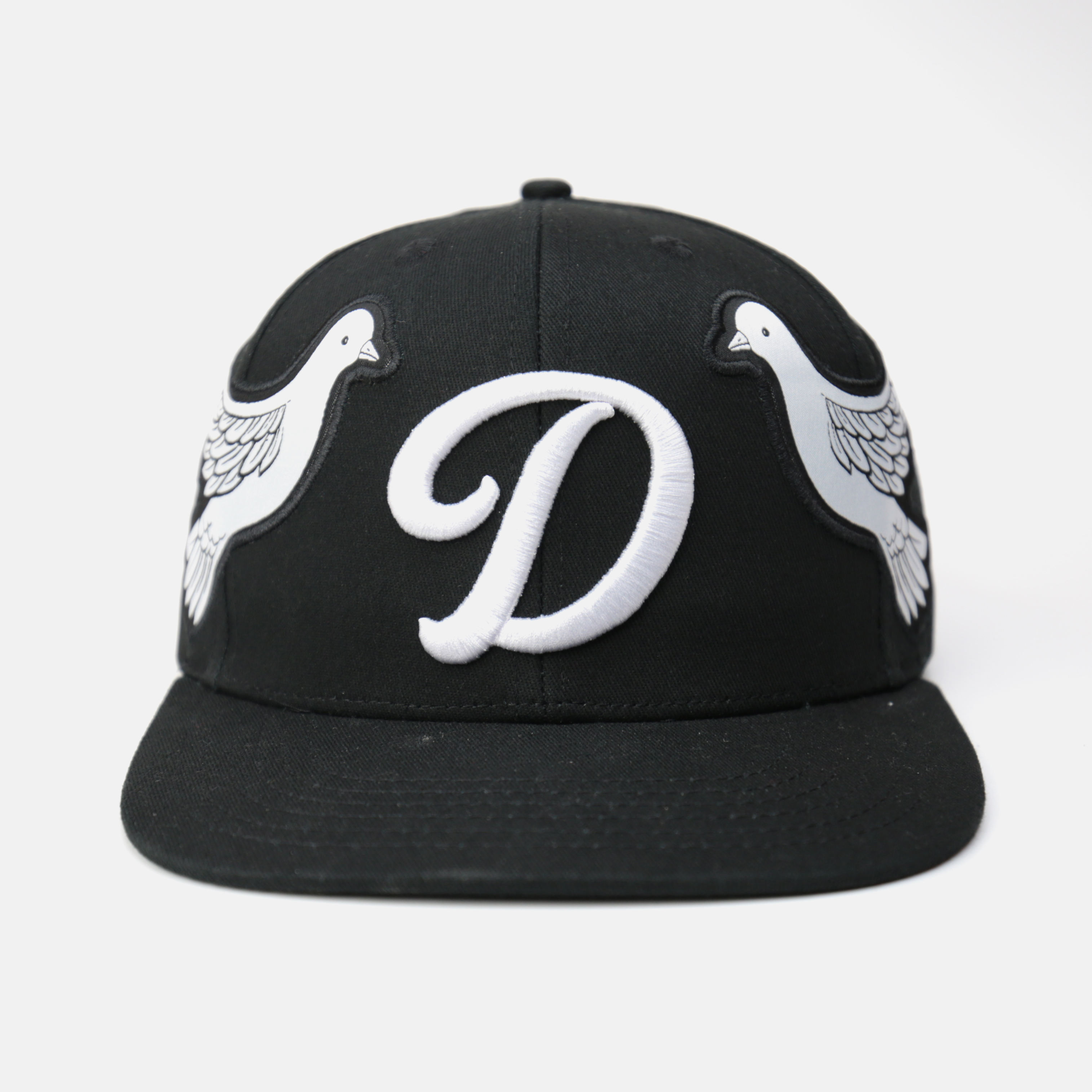 Black Snapback Cap with 3D “D” Embroidery and Flying Dove Patches – Streetwear Flat Brim Hat