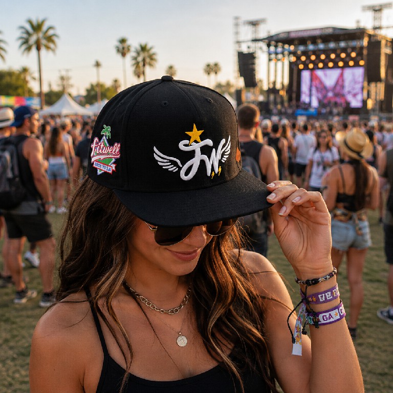 Black Six-Panel Flat Brim Snapback with Winged Monogram Embroidery