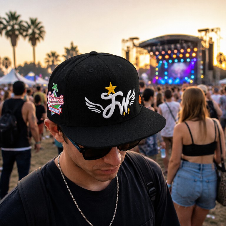 Black Six-Panel Flat Brim Snapback with Winged Monogram Embroidery