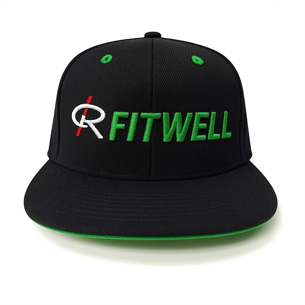 FITWELL Logo Embroidered Black Flat Brim Hat – Custom Green Detail Cap