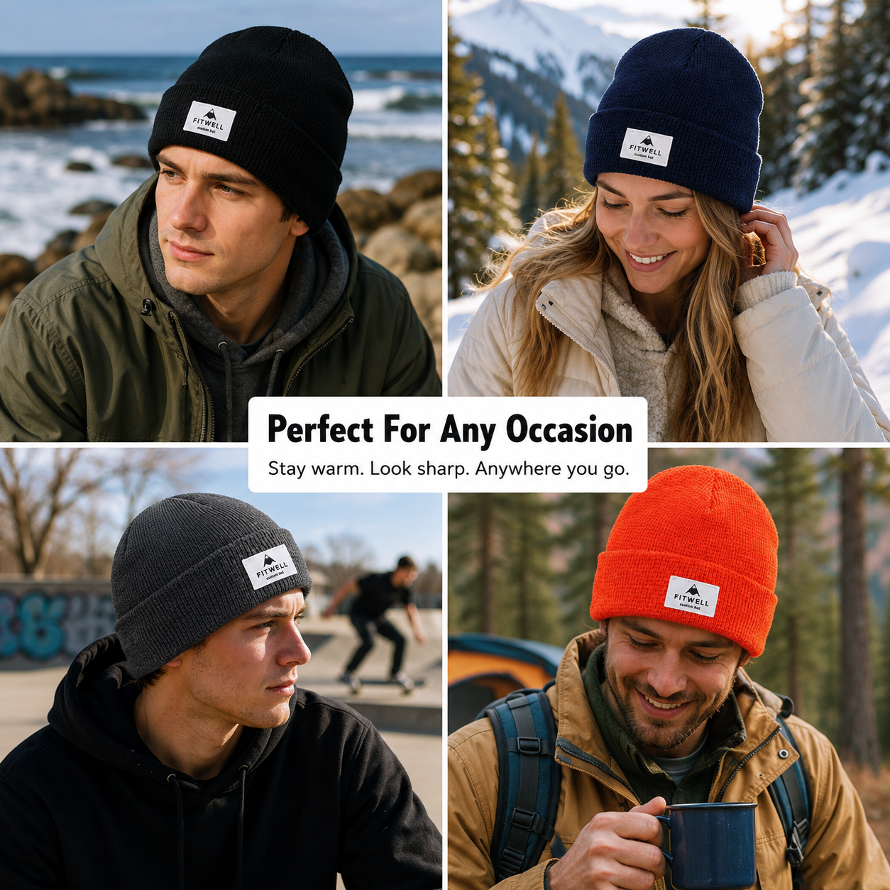Unisex Rib Knit Winter Cuff Beanie with Rectangular Logo Label