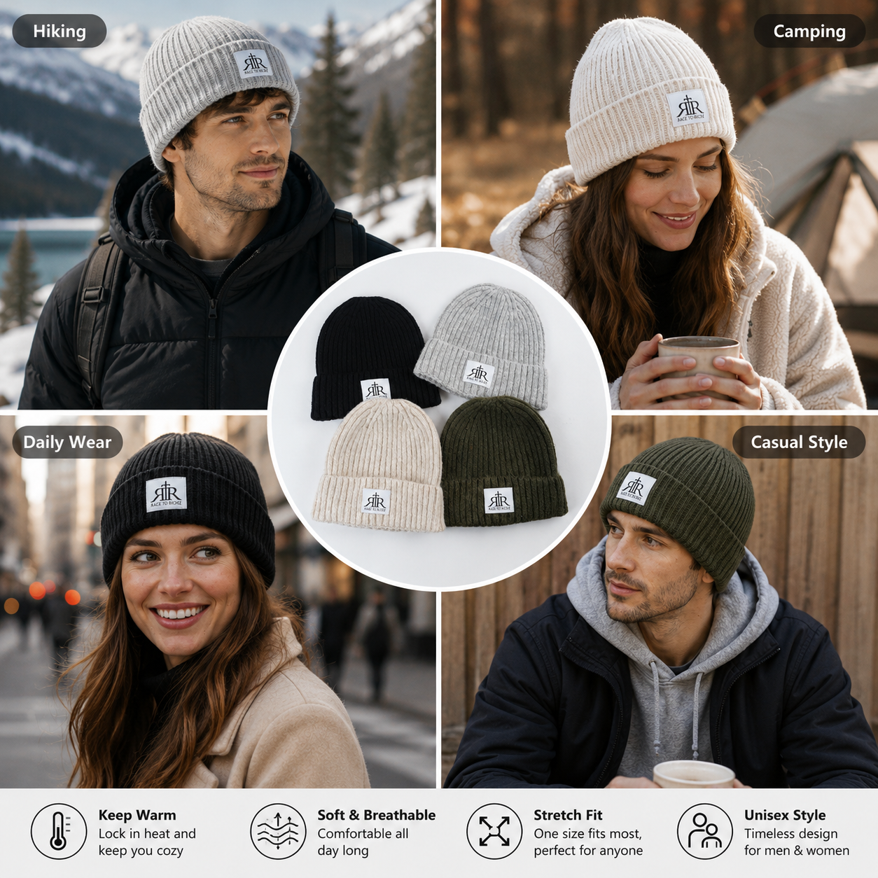 Ribbed Knit Winter Beanie with Fold-Over Cuff and Logo Patch