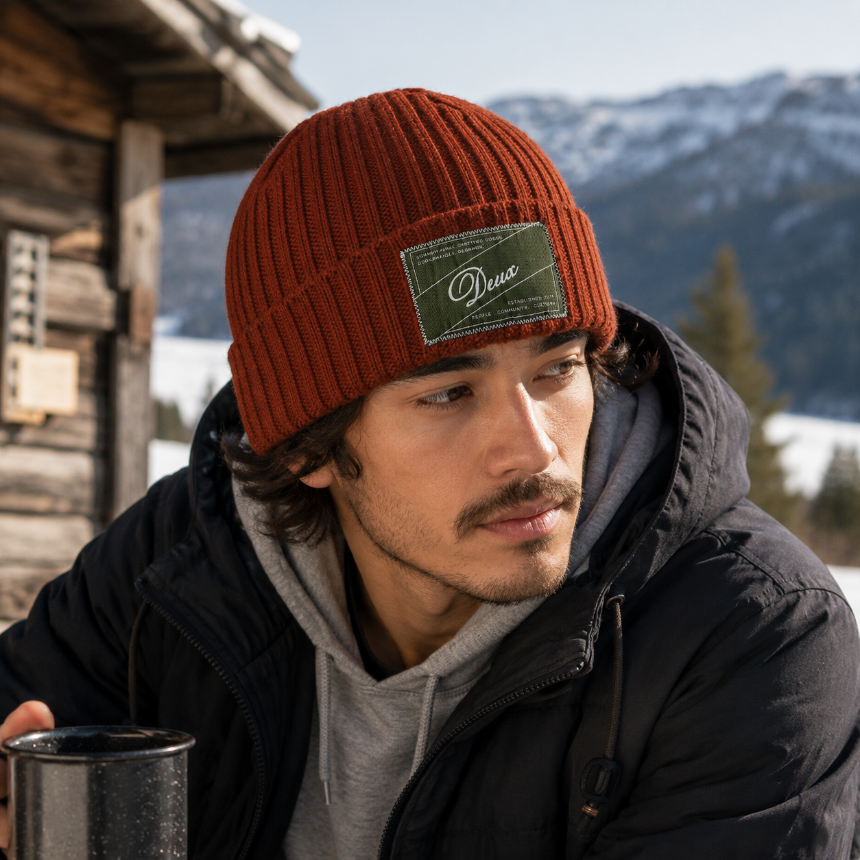 Ribbed Knit Cuffed Beanie with Woven Front Label