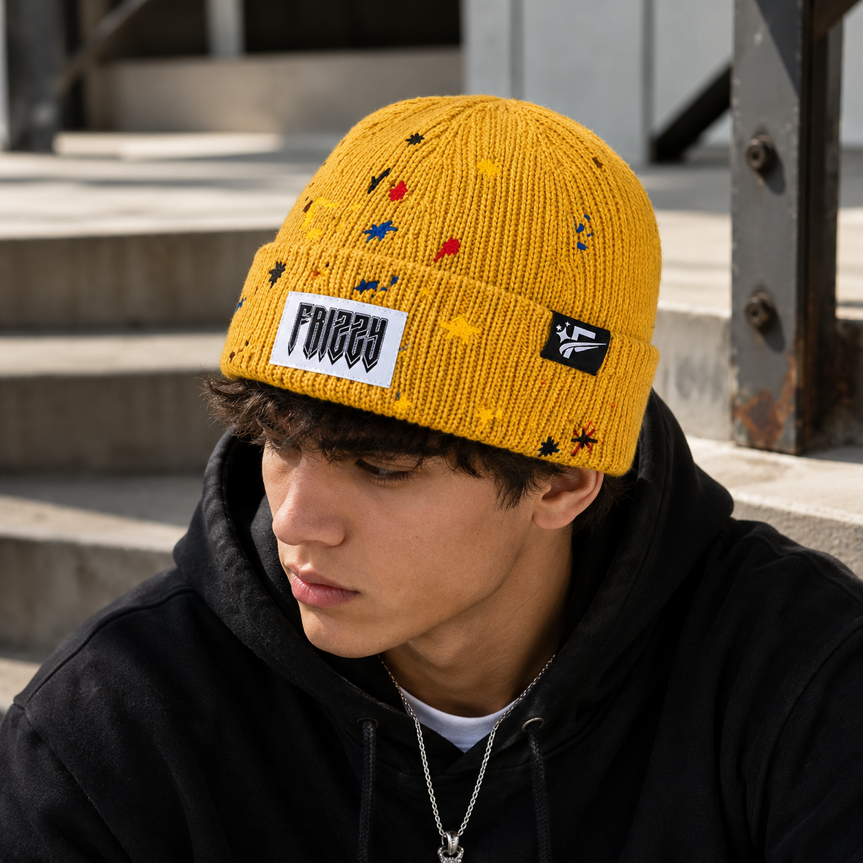 Mustard Yellow Rib-Knit Cuffed Beanie with Paint-Splatter Accents and Woven Patch