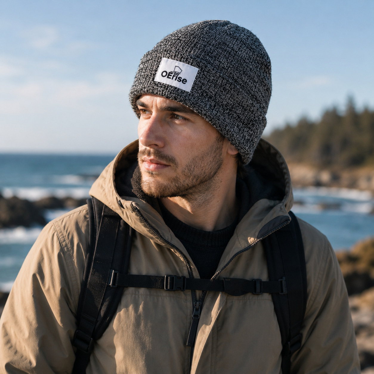 Heather Black Marled Rib-Knit Logo Patch Cuffed Beanie