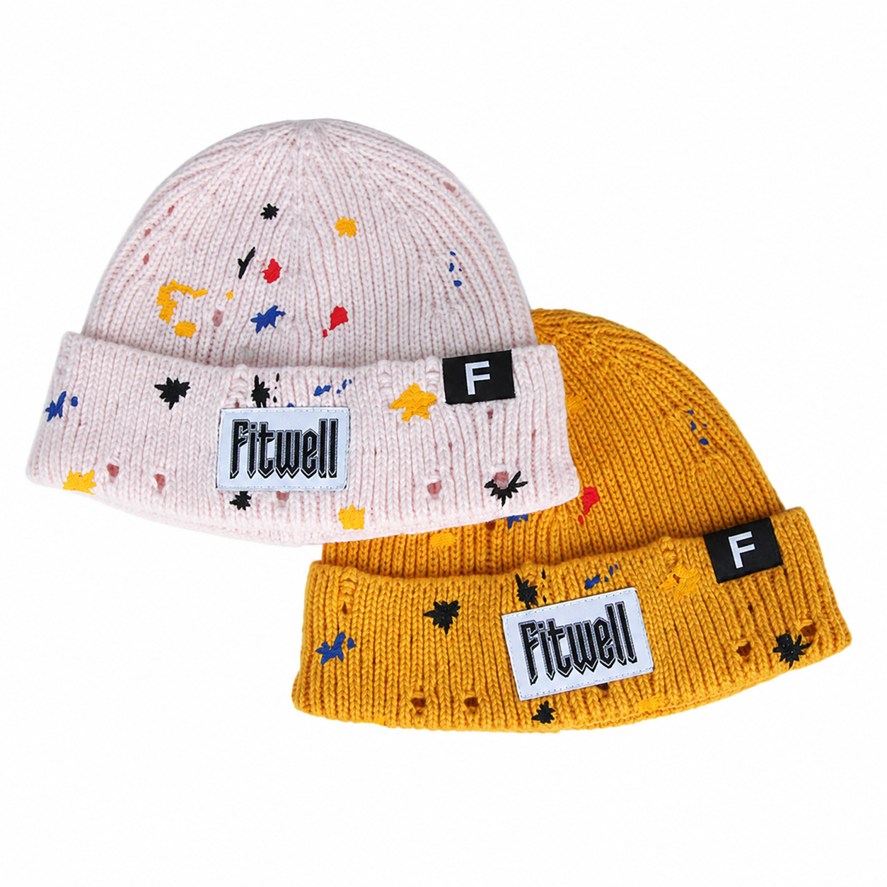 Mustard Yellow Rib-Knit Cuffed Beanie with Paint-Splatter Accents and Woven Patch