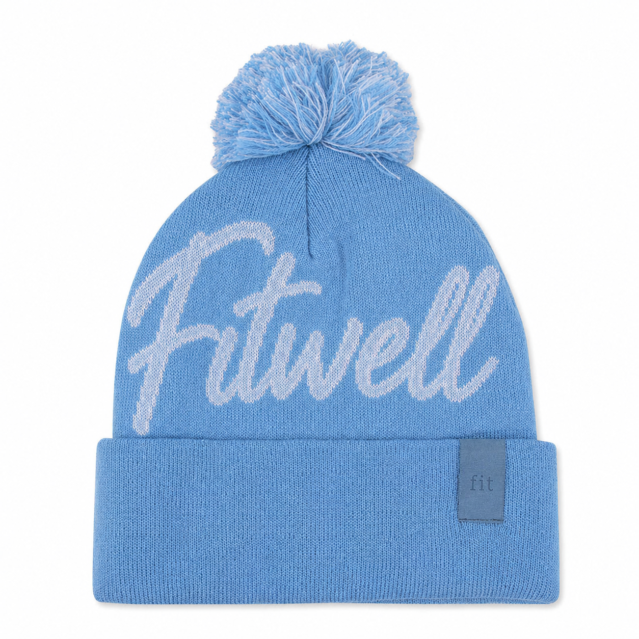 Blue Knit Pom Pom Beanie Hat with Embroidered Letter Design