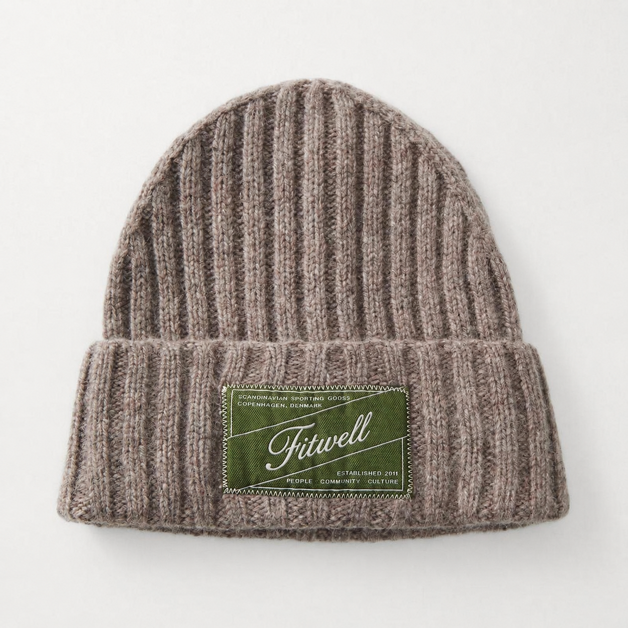 Ribbed Knit Cuffed Beanie with Woven Front Label