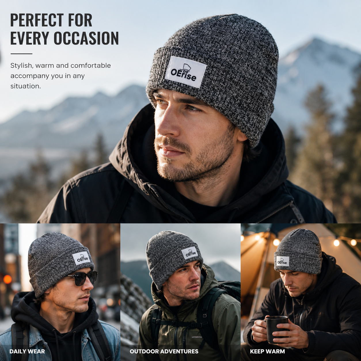 Heather Black Marled Rib-Knit Logo Patch Cuffed Beanie