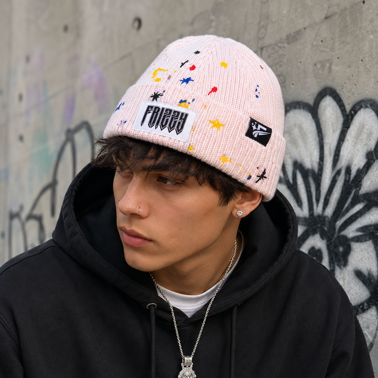 Mustard Yellow Rib-Knit Cuffed Beanie with Paint-Splatter Accents and Woven Patch