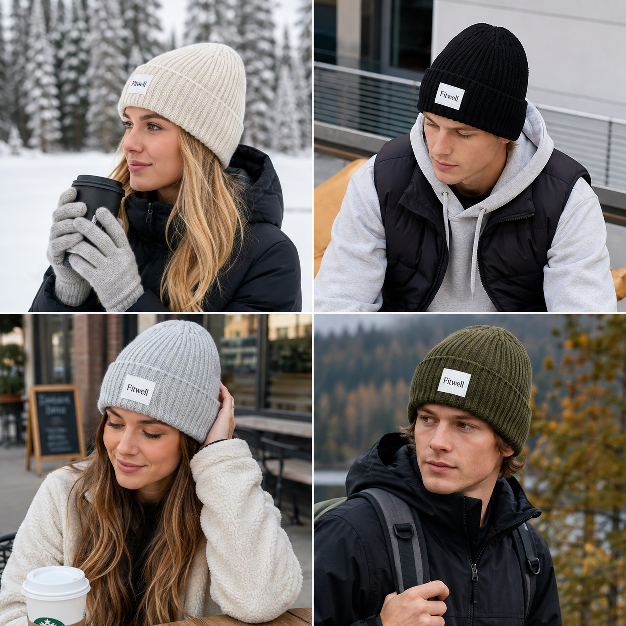 Ribbed Knit Winter Beanie with Fold-Over Cuff and Logo Patch