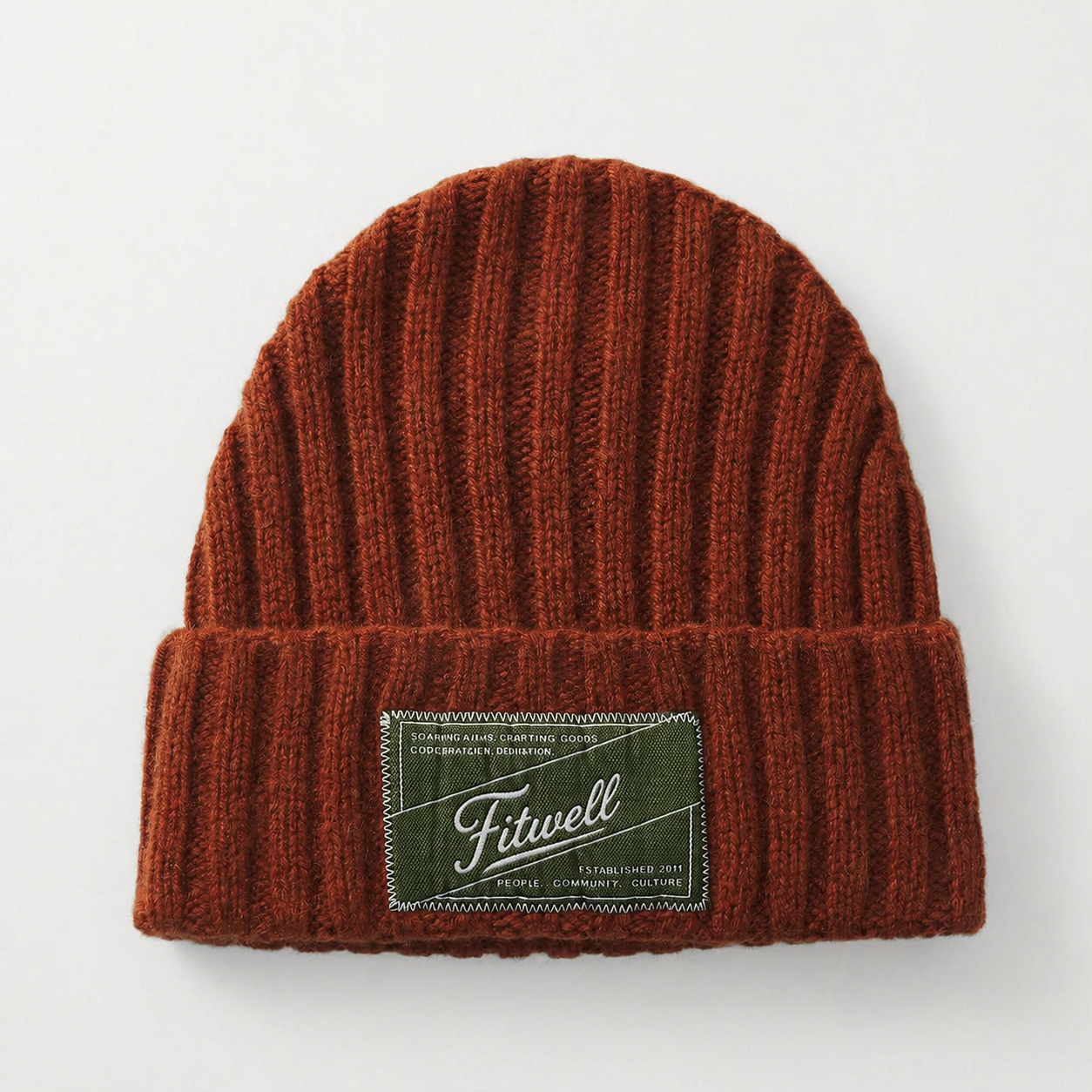 Ribbed Knit Cuffed Beanie with Woven Front Label