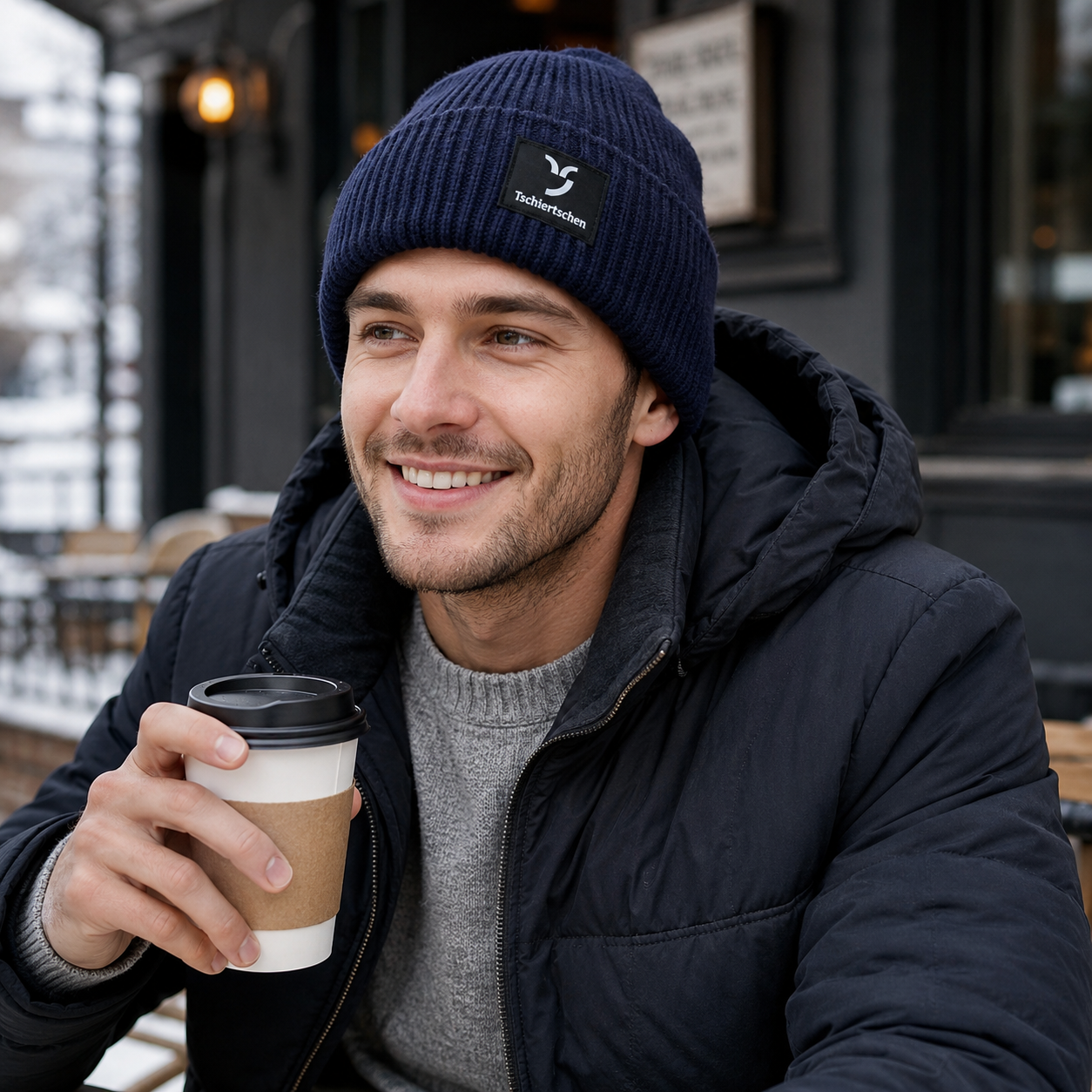 Ribbed Knit Winter Hat with Fold-Up Turnback and Front Logo Label